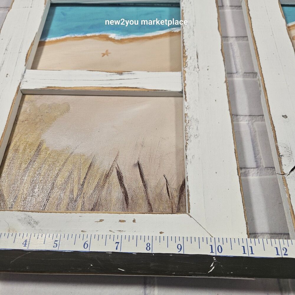 hand painted /made distressed wood frame beach scene canvas duo painting artwork - Picture 10 of 13